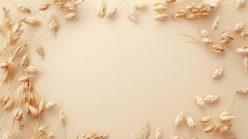 Flat lay circular arrangement of oat seed for natural ingredient, copy space solid background photo