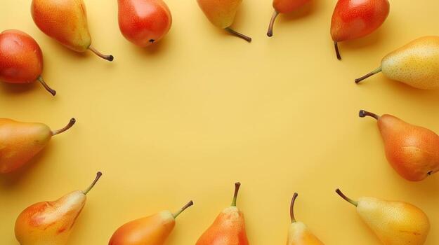 Flat lay circular arrangement of pear seed for natural ingredient, copy space solid background photo