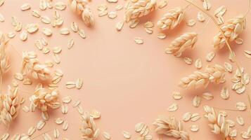 Flat lay circular arrangement of oat seed for natural ingredient, copy space solid background photo