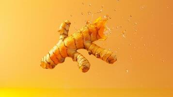 Turmeric vegetable flying in water with bubble natural organic gardening photo