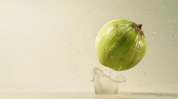 Coconut green fruit flying in water with bubble, organic botanical gardening real food photo