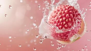 Lychee fruit flying in water with bubble, organic botanical gardening real food photo