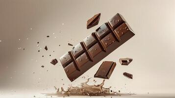 Brown chocolate bar flying in water with bubble sweet snack product promotion photo