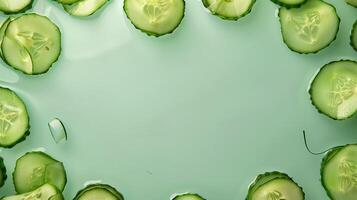 Cucumber slices vegetable organic natural botanical garden, circular arrangement copy space blue background photo