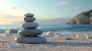Stack balance Zen grey stones on beach sand with sun light sky landscape view photo