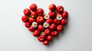Red apple fruit are arranged in a heart-shaped arrangement flat lay view photo