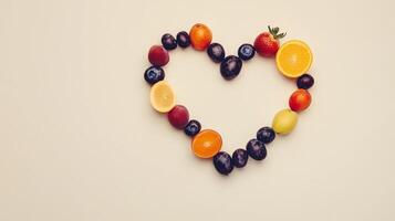 Some fruits are arranged in a heart-shaped arrangement copy space photo