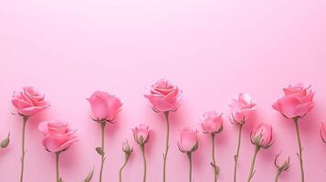 Pink rose flowers lined up at the bottom and blank space at the top photo