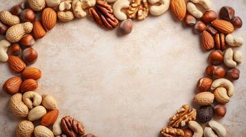 Variation nuts love shape arrangement copy space for greeting poster photo