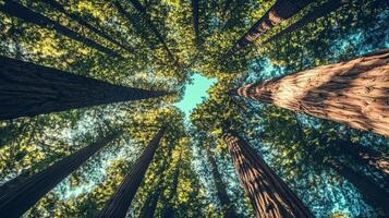 Green forest tree tall perspective view from lower with sun light nature environment photo