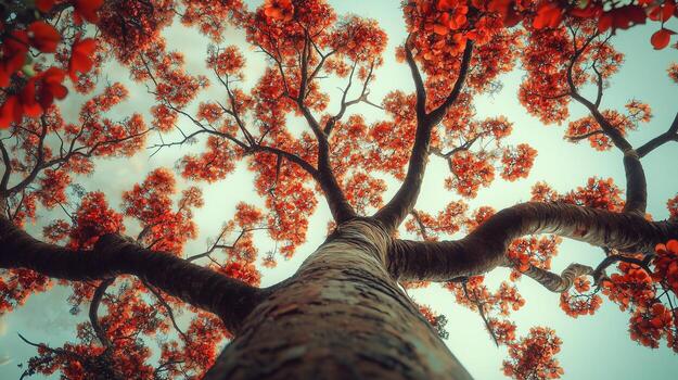 Captivating tree trunk wood with orange blossom from low angle view perspective and blue sky photo