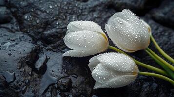 Delicate white tulip flower with dew drops on dark stone with puddles of water photo