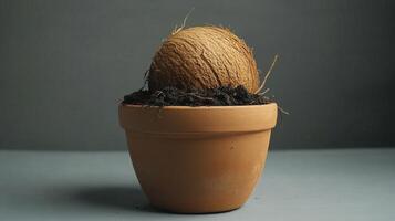 Coconut vegetable clay pot and soil miniature house plant botanical decoration photo