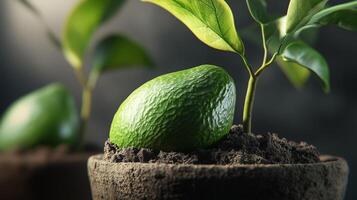 Mini plant avocado on soil and clay pot for decoration nature care and healthy food lifestyle photo