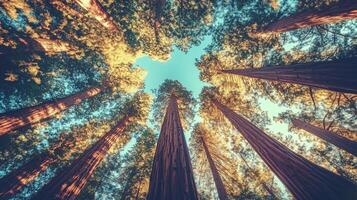 Green forest tree tall perspective view from lower with sun light nature environment photo