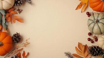 Rounded pumpkin, autumn leaves and pine arranged copy space background photo