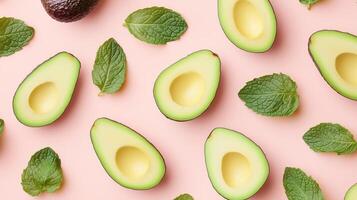 Avocado and fresh mint leaves natural organic arranged pattern seamless diagonal layout photo