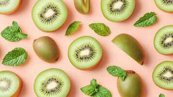 Kiwi slice fruit and fresh mint leaves natural organic arranged pattern seamless diagonal layout photo