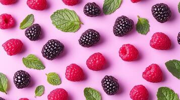 Raspberry, blackberry and fresh mint leaves arranged pattern seamless diagonal layout photo