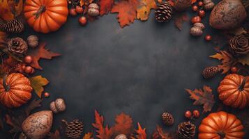 Rounded pumpkin, autumn leaves and pine arranged copy space background photo