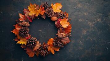 Rounded yellow brown autumn leaves and pine arranged copy space backgronund photo