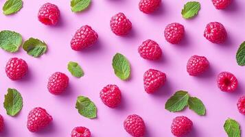 Raspberry and fresh mint leaves arranged pattern seamless diagonal layout photo