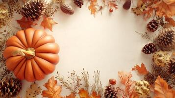 Rounded pumpkin, autumn leaves and pine arranged copy space background photo