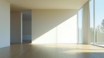 White empty room with big window with sun bright andocean landscape view photo