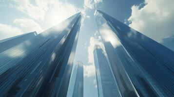 Blue glass wall modern building architecture business center with blue sky photo