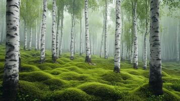 Forest tall tree from mystical forest with little fog and green grass on bottom photo