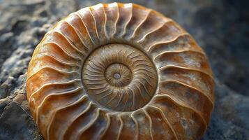 Ammonite shell fossil skeleton of ancient animal on rocky ground photo