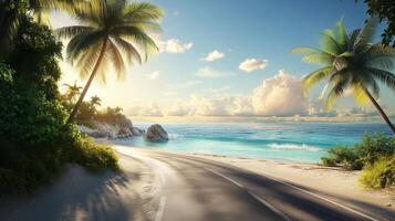 Road asphalt with palm trees on side and beach view holiday trip vacation island photo