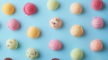 Ice cream scoops various fruity flavor pattern seamless on blue background photo