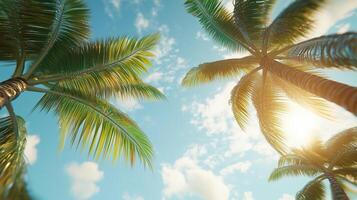 Some coconut palm trees copy space and blue sky and sun bright with cloud photo