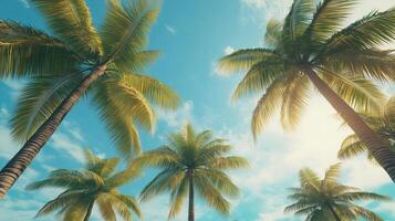 Some coconut palm trees copy space and blue sky and sun bright with cloud photo