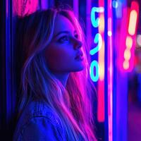 Young woman illuminated by neon lights in a vibrant urban setting photo