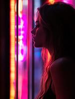 Young woman gazing thoughtfully at neon lights during nighttime photo