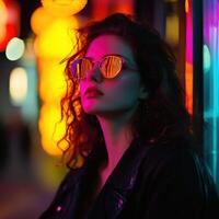 Young woman with curly hair in sunglasses against colorful neon lights photo