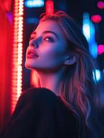Woman gazing at neon lights in urban setting during nighttime photo