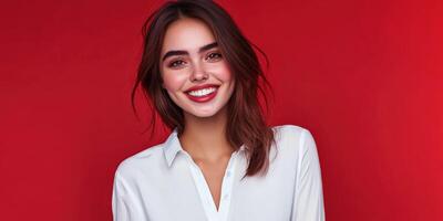 Young woman smiling against a vibrant red background with natural makeup photo