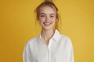 Young woman smiling brightly against a vibrant yellow backdrop photo