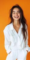 Young woman smiling brightly against an orange background in casual attire photo