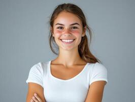 A young woman stands with her arms crossed, displaying a bright smile photo