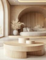 Elegant wooden coffee table in a modern living room with natural light photo