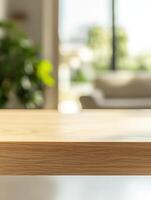 Sunlight streaming through windows onto a wooden table in a bright room photo