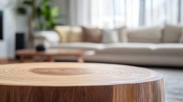 Stylish living room with wooden table and modern furniture in cozy setting photo