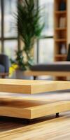 Modern wooden table in a bright living room with plants and seating photo