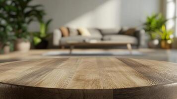 Cozy living room with a wooden table and natural light in the afternoon photo