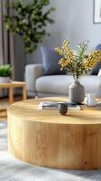 Cozy living room setup with a wooden coffee table and decorative flowers photo