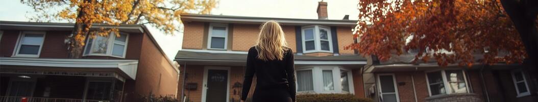 Woman standing in front of a residential house on a sunny autumn day photo